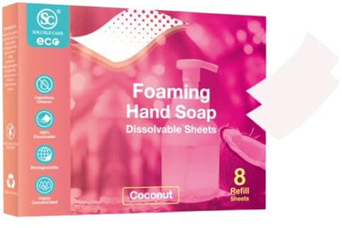 Eco-Friendly Foaming Hand Soap 8 Dissolvable Sheets - Aloe Scent, Highly Concentrated Decontamination with Nursing and Moisturizing Formula, Rich Foaming Lather, Fresh Fragrance, by Soluble Care