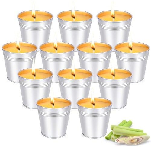 Teelichter im Metalleimer*12 Stück, FePen Citronella Kerze Outdoor, Citronella Teelichter Gegen Mücken, Zitronen kerze Outdoor, Citronella Kerzen Set für Camping, Garten, Hof, Party, Grillen, Balkon