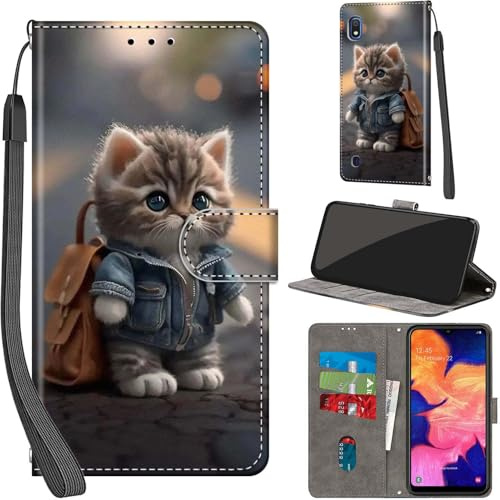 Haninsuze Case for Samsung Galaxy A10, Cat | PU Leather, 3 Card Holder, Wallet Book Flip, Folio Stand View, Magnetic, Multi-Pattern Cover, Lanyard Strap
