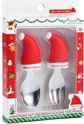 Baby Gabel und Löffel Set, Kinderbesteck 2 Stück, 304 Edelstahl Baby Löffel und Baby Gabel, Kindergabel & Babylöffel Edelstahl mit Silikon Griff, Weihnachten Baby Taufe Geschenk, für Kleinkind, Kinder