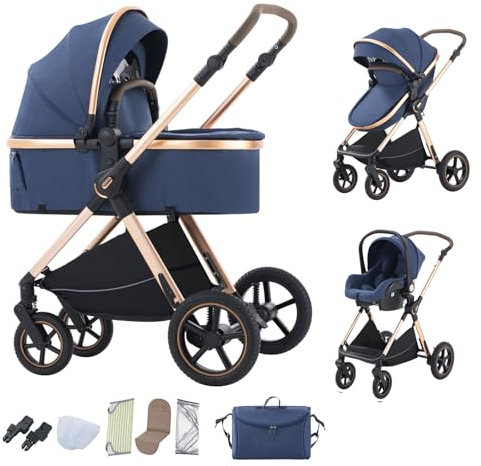 BEBBY Kinderwagen 3 in 1,Kinderwagen Buggy Mit Babyschale,Mit Höhenverstellbarer buggy Komplettset Faltbare tragbare,Buggys Mit Aluminiumrahmen für Neugeborene 0 bis 3 Jahre (D2-BLUE-6, H2-D)