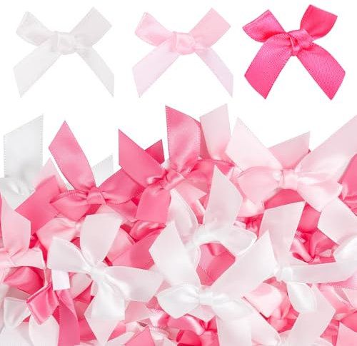 LUHOCIY 90 Stück Taufe Satin Geschenkschleifen, Selbstklebend Satinband Schleifen, Rosa Weiß 5 Cm Klein Schleife Deko für DIY/Handgemachte Karten/Geschenkverpackungen/Taufschmuck/Hochzeitsdekorationen