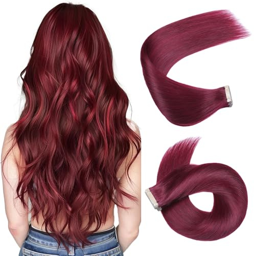 HotLulana Tape Extensions Echthaar Rot(#99JA) Extensions Echthaar 20zoll/50cm 25g Invisible 100% Natürliche Tape in Extensions Echthaar 10pcs Skin Weft Extensions Echthaar Tape.