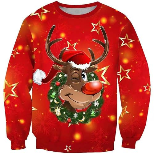 Weihnachtspullover Herren Hoodie Pullover Reindeer Schneemann 3D Druck Lustige Funky Weihnachtspulli Casual Unisex Christmas Kapuzenpullover Sweatshirt mit Tasche Weihnachtshoody