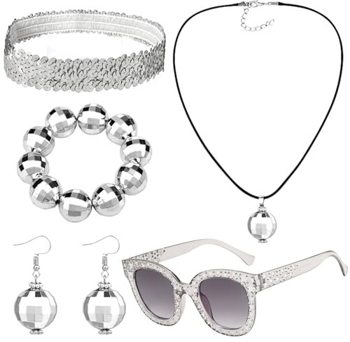 YUSHWENPTY Disco Accessoires Damen 6 Stück 70er Jahre Accessoires Ohrringe Discokugel Kette Armband Glitzer Brille Haarreif für 1970er Disco Outfit, Fotografie Requisiten, Partyzubehör (Silber)