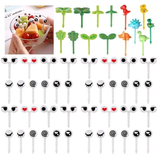 TSUOUKL 54 Stück Food Picks, Obstgabeln, Mini Augen Obst Gabel, Wiederverwendbar Obst Zahnstocher für Kinder Erwachsene Desserts Obst Gebäck Party Mittagessen Bento
