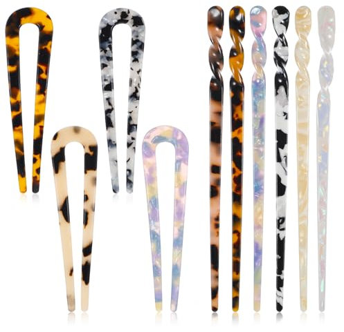 10 Pcs Vintage Tortoise Shell Hair Pins Acetate Hair Sticks Set U-Shaped Straight Chopsticks Hairpin French Classic Updo Hairs Pins Clip Long Retro 2 Prong Bun Hairs Styling Accessories For Women Girl