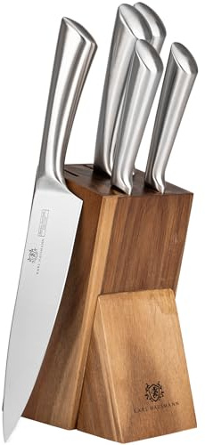 KARL HAUSMANN Set Cuchillos Cocina con Bloque Madera - 6 Piezas - Bloque Cuchillos Madera de Acacia - Cuchillos Cocina Acero Inoxidable
