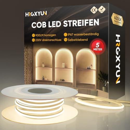 HRGXYUN 230V COB LED Streifen Aussen, 240 LEDs IP67 Wasserdicht Selbstklebend, Bande LED 900LM Ohne Trafo Flexible Kürzbar für Zimmer und Außen Dekoration Beleuchtung, 4000K Neutralweiß, 5m