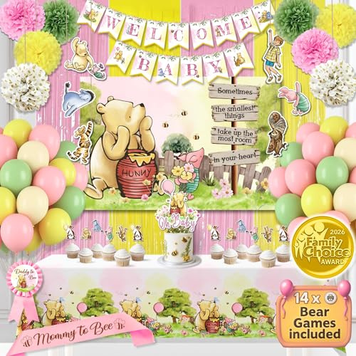 Winnie Baby Shower Dekorationen Rosa - Puuh Luftballons, Hintergrund, Willkommen Baby Banner, Tischdecke, Kuchenaufsätze, Pompons, Schärpe & mehr - Klassische Pooh Babyparty Thema Party Dekor