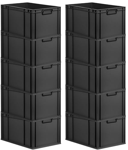 PROREGAL SparSet 10x Eurobox NextGen Color | HxBxT 32x40x60cm | 65 Liter | Griffe schwarz geschlossen | Verstärkter Boden | Schwarz | Eurobehälter, Transportbox, Transportbehälter, Stapelbehälter
