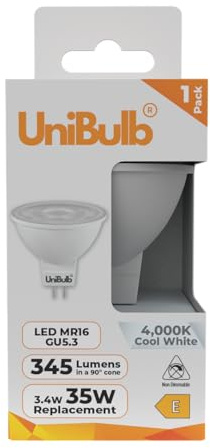 Unibulb GU5.3 MR16 3.4W Energy Efficient LED Spotlight Downlight Ceiling Light Bulb, 345 Lumens, 4000K Cool White, 35W Equivalent, 25,000hr Life, 12V, Non-Dimmable, Pack of 1