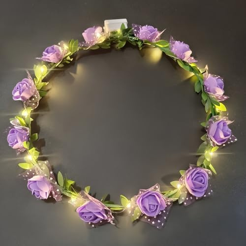 AWSOLAR 8Pcs Blumenkranz Haare LED, Lila LED Blumenkranz mit Licht | Blumenkranz Haare für Brautschmuck, Festival, Party