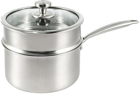 EVERGOODS Stainless Steel Sauce Pan with Steamer Basket Silver L | Non-Stick Cooking Pot with Lid, Induction Compatible Large Pan for Vegetables, Soup, Oatmeal and Baby Food