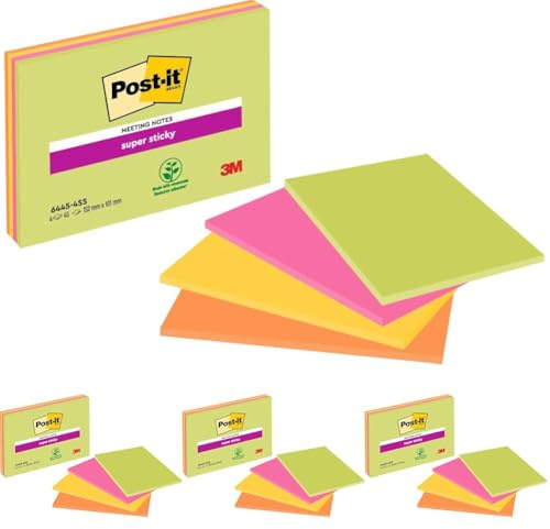 Post-it Super Sticky Large Notes, Packung mit 4 linierten Blöcken, 45 Blatt pro Block, 152 mm x 101 mm, Farben: Grün, Gelb, Orange, Pink, Haftnotizen für Notizen, To-Do-Listen und Erinnerungen