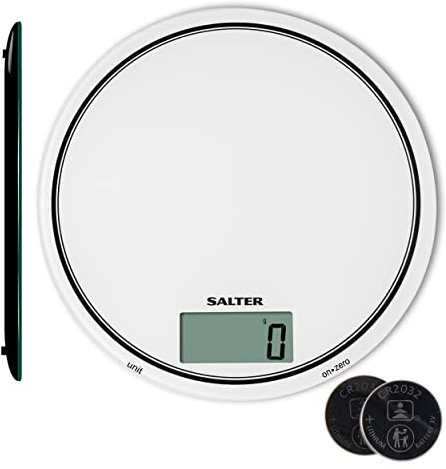 Salter 1080 WHDR12 Mono Balance de Cuisine Numérique, Balance Compact Round Électronique pour Aliments et Liquides, Ajouter et Peser, Métrique/Impériale, Facile à Nettoyer, Garantie de 15 Ans, Blanc