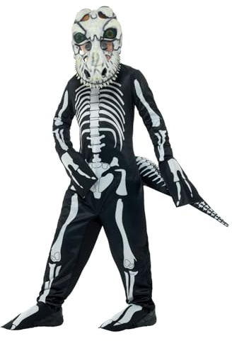 Smiffys Deluxe T-Rex Skeleton Costume, with Bodysuit, Blac Tail & Mask with Lenticular 3D Print Eyes, Halloween Child Fancy Dress, Dinosaur Dress Up Costumes