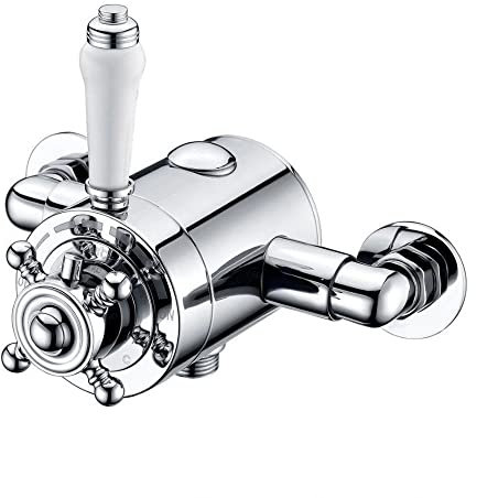 Traditional Exposed Dual Shower Mixer Valve Adjustable Classic Style Anti-Scald Thermostatic Device Single Shower Unit Outlet White & Chrome Shower Tap Attachment for Bathroom - 130mm/150mm - VM91