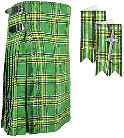 Herren-Kilt, irisches Nationalgrün, 8 Meter, mit Blitzen und Kiltnadel, Irish National Green, 107 cm Am Bauchnabel