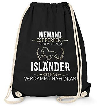 Fashionalarm Turnbeutel - Niemand ist perfekt - Isländer | Fun Rucksack mit Spruch Geschenk-Idee Pferde-Liebhaber Reiten Island-Pferd Island-Pony, Schwarz One Size