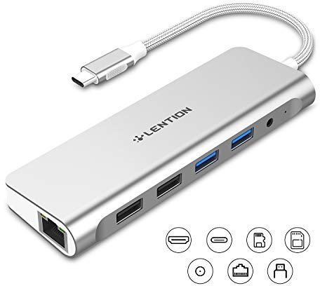 LENTION USB C-Hub mit 4K HDMI,SD Kartenleser, Ethernet, Aufladen, Aux-Adapter,Multiport, Für 2023-2016 MacBook Pro, Neues Mac Air/Surface, Chromebook, Laptop (Silber)