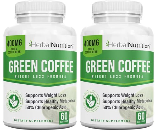 Herbal Nutrition BOGO Pure Green Coffee Bean Extract, Two Bottle Pack, 120 Capsules, Multi-Level Dosing 400mg - 1200mg Per Serving, 50% Chlorogenic Acid. Weight Loss & Cleanse Supplement
