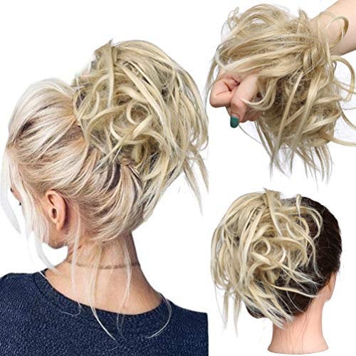 Tousled Updo Messy Bun Hair Extension Instant Ponytail With Elastic Rubber Band Updo Chignon Donut Scrunchies Extensions Hairpiece Synthetic Wavy Hair for Women Ash Blonde mix Bleach Blonde