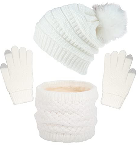 CheChury Damen Kombi Set Schal Mütze Set Loop Schal Gestrickt Beanie Strickmütze Fleece Bommelmütze Pompon Touchscreen-Handschuhe Strick mit Kreis Geschenkset für Frauen,Weiß-1
