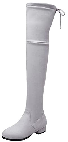 MJIASIAWA Donna Inverno Sopra Il Ginocchio Moda Tacco Basso Stivali Stretch Senza Chiusura Punta Rotonda Comfy Warm Stivali Alti Grigio Numero 38 EU/39 Asiatico