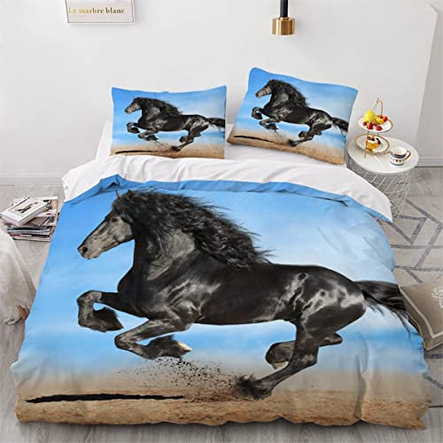 Bettwäsche 135X200 Bettwäsche Set Schwarzes Friesenpferd Mädchen Jugendliche 3Teilig Atmungsaktiv Mikrofaser Weiche Angenehme -1 Bettbezug 135X200 Cm Mit Reißverschluss + 2 Kissenbezügen 80X80 Cm