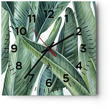 Modern Wanduhr Exotisch Blätter Grün 30x30cm Quadrat Klein Wand Uhr Glas Analog Zimmeruhren Küche Büro Wohnzimmer Glasuhr Wall Clock Dekoration Design Wanddekoration Küchenuhr C4AC30x30-4258