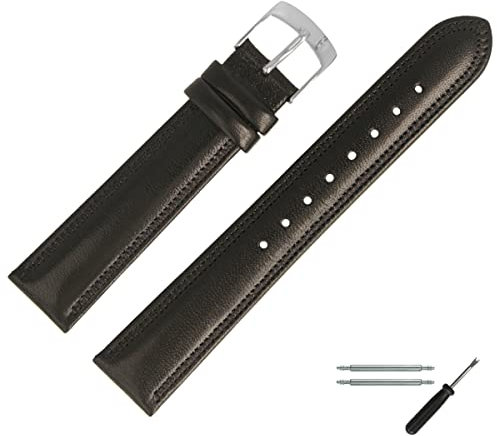 MARBURGER Uhrenarmband 18mm Leder Schwarz Silber Mit Naht - Montage Set 7791810000120
