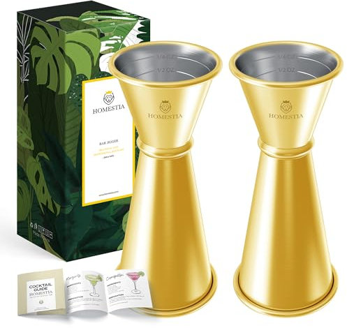 Homestia 2PCS Double Jigger & Cocktail Jigger Stainless Steel 1 oz 2 oz Alchohol Measuring Tools, Japanese Jigger with Measurements Inside for Bartending - Bar Tools for Bartender (Gold)
