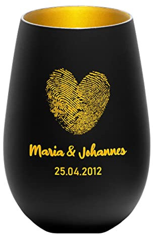 Windlicht in schwarz-Gold mit Wunschgravur - Motiv: Herz Fingerabdruck - personalisiert - Kristallglas Teelichthalter, Kerzenhalter - für Hochzeit, Jahrestag, Verlobung - Liebespaar - Deko