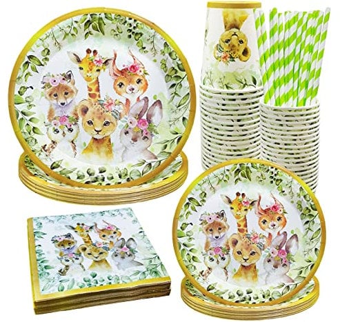 Bymivofun 100 Stück Wild One Geschirr, für 20 Gäste, Wild Animal Kids Party Supplies, für Kinder Kindergeburtstag Themenparty Babyparty Dekoration