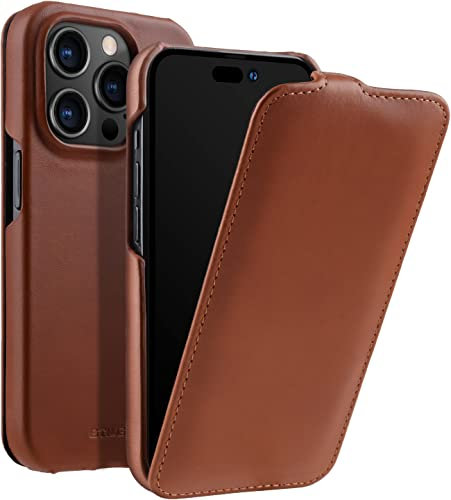 STILGUT UltraSlim kompatibel mit iPhone 14 Pro (6.1“) Hülle - iPhone 14 Pro Flip Case aus Leder, Klapphülle, Handyhülle, Lederhülle - Cognac
