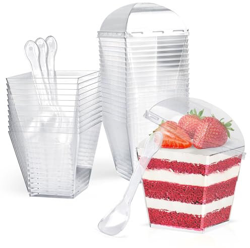 CoKeeSun 60 Piezas 200ml/7oz Vasitos para Postres con Tapa y Cucharas, Tazas de Postre de Plástico Reutilizables, Cuencos de Postre Transparentes, Vasitos Aperitivos para Pudín Mousse Helado