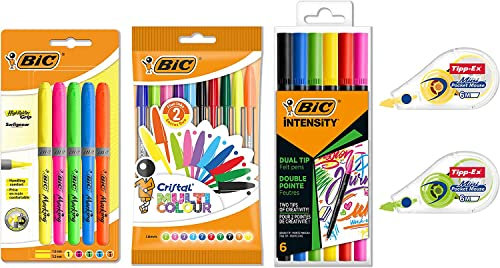 BIC Schreibwaren Set à 23: 10 Kugelschreiber, 5 Textmarker, 2 Korrekturroller, 6 Dual Tip Brush Pens, Colourful Set
