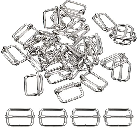 sourcing map Slides Buckles, 50pcs 25x16x2.8mm Metal Rectangle Adjuster Triglides Slide Buckle Roller Pin Buckles Slider Strap Adjuster for Belt Bags DIY Accessories, Silver Tone