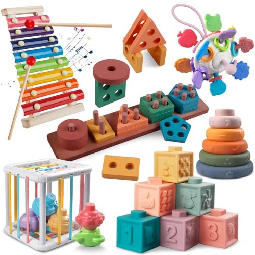 Montessori Spielzeug ab 1 Jahr, Sensorisches Baby Spielzeug, 6 in 1 Motorikspielzeug Holzspielzeug Kleinkind-Musikinstrumente, Stapelspielzeug Blöcken und Ringen, Geschenk für Kinder 1-3 Jahren