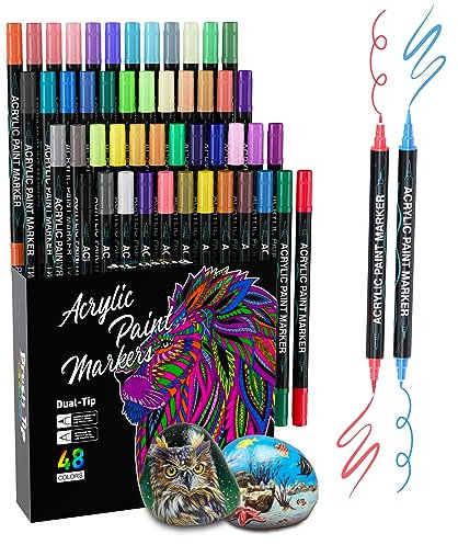 Sonlaryin Rotuladores Acrilicos, 48 Colores Rotuladores de Pintura Acrílica Doble Punta con Fina y Pincel, Rotuladores Acrilicos Permanentes para Roca, Cristal, Cerámica, Plastico, Tela, Metal…