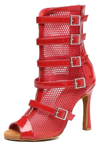 MINITOO Sexy Dance Heels for Women Elegant Open Toe Formal Party Evening Ankle Booties L575 Red 10cm Heel UK 8