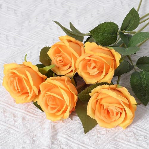 10 Stück Künstliche Rosen,Kunstblumen Rose Künstlich Blumenköpfe Fake Rosen mit Stielen für Hochzeit Party Valentine's Day Nach Hause Halloween Vase Tischdeko Thanksgiving Zuhause Dekoration,Orange