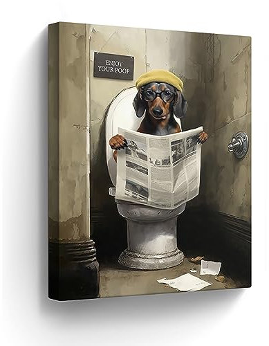 Kateflower Leinwandbild mit lustigem Dackel-Motiv, für Badezimmer, Hund, Bauernhaus, Wanddekoration, Hund sitzend auf der Toilette, Lesen, Zeitung, Gemälde für Toilette, Badezimmer, Tiere, Kunstwerk