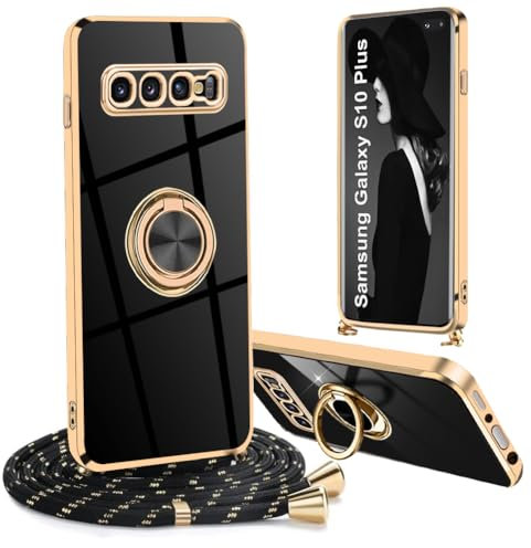 Ptny Handykette für Samsung Galaxy S10 Plus Hülle mit Band, 360 Grad Ring Halter Magnetische Handyhülle, Galvanisierte TPU Schock Schutzhülle, Mode Glitzer Hülle mit Abnehmbar Kordel, Schwarz
