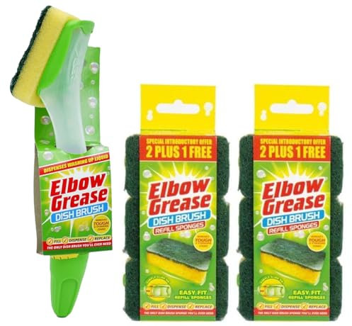 Elbow Grease Fillable Washing Up Brush with Sponge- Ergonomic design handle - with 6X Elbow Grease Sponge Refills