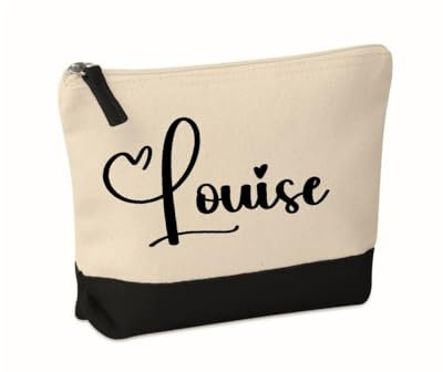 Trousse de Toilette, Pochette de Maquillage avec prénom personnalisée 20x15x5cm, Cadeau, noël, Femme (Nature/Noir)