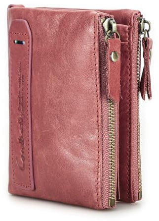 Contacts Portafoglio corto RFID da uomo in vera pelle da donna con porta carte bifold portamonete doppia tasca con cerniera, Rosa scuro, Classico