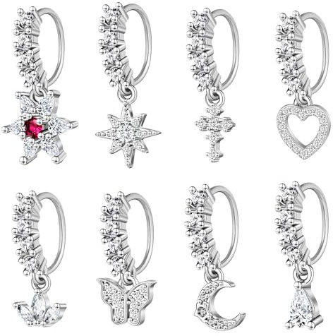6ixGosh Dangle Nose Rings Hoop for Women Septum Nose Piercing Jewelry Cartilage Earring CZ Flower Leaf Star Butterfly Daith Tragus Helix Lip Piercing, Silver Gold Rose Gold