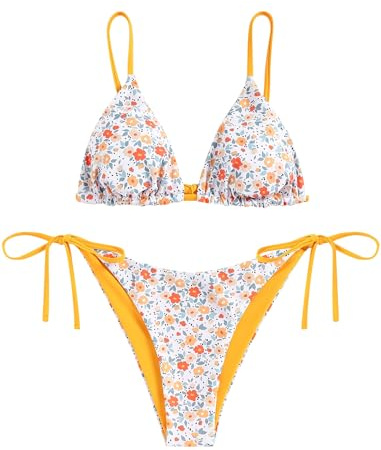ZAFUL Triangle Bikini Set Damen String Tie-Side Cheeky Reversibel Solid/Floral/Leopard Druck Zweiteiliger Badeanzug Bademode